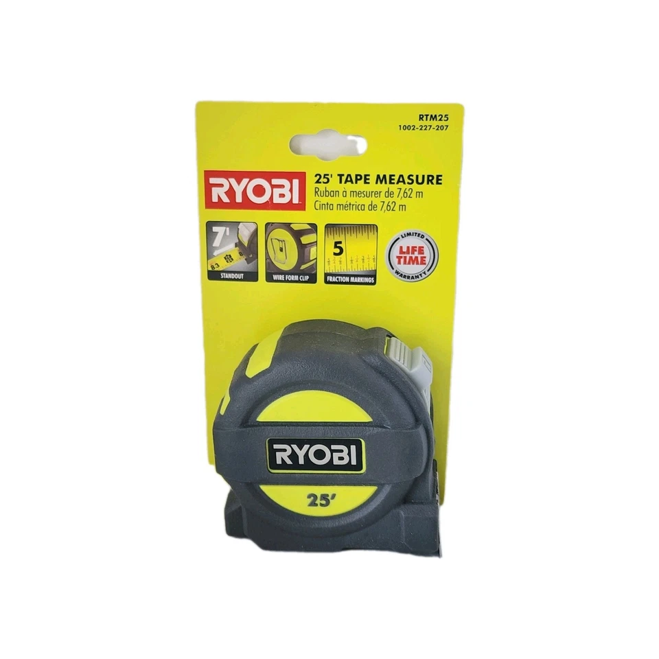 Ryobi 25’ Tape Measure RTM25  Fraction Markings 7ft Standout Wire Form Clip - Image 1 of 4