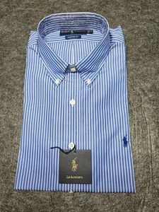 Mens Classic Ralph Lauren Button Down Dress Shirt Blue White Stripe 17 34-35 NEW - Picture 1 of 7