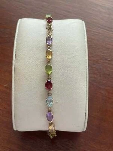 10k Yellow Gold Multi Colored Gemstone Tennis Bracelet Garnet Peridot - Picture 1 of 8