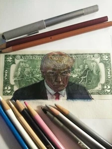 TWO DOLLAR BILL original art by J&M Tarantula $2 as Donald Trump Wanted Man - Picture 1 of 8