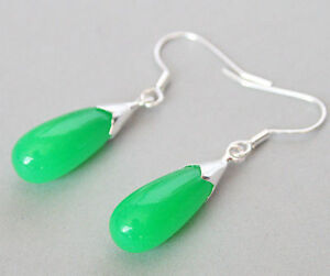Fashion Genuine Green Jade Teardrop Water Drop Oval 18KGP Hook Dangle Earrings