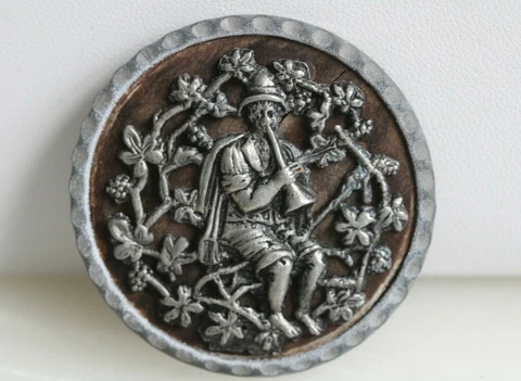 Antique Silver Metal Over Wood Picture Button ~ Old World Man with Horn  1 1/2" Cover