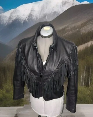 Chaqueta de montar Milwaukee de cuero real negra resistente borla encaje lateral mujer PEQUEÑA Foto 1 de 4