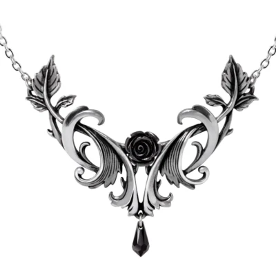Alchemy Gothic Baroque Black Rose Pendant Crystal Teardrop Scroll Necklace P955 - Image 1 of 3