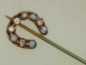 ANTIKES VIKTORIANISCHES GOLD GEWASCHENES HUFEISEN MIT BRILLANTEN & OPALGLAS-STECKNADEL! - Bild 1 von 6