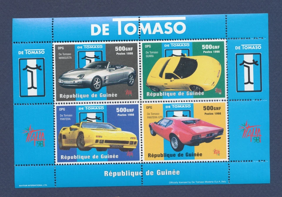 GUINEA - 1998 - MNH S/S - DeTomaso car - Italia'98 stamp show --c - Image 1 of 1