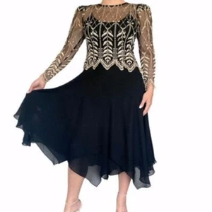 NEW Cachet By Bari Protas Black Gold Embroidered Lace Asymmetrical Dress 15/16 - Picture 1 of 9