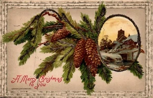 1910 WINSCH WEIHNACHTS POSTKARTE Verlag Tannenzapfen, Landszene, Glitzer - Bild 1 von 2