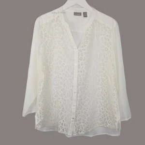 Chico's Women's 2 (L/12) White Lace Open Front Button Up Roll Tab 3/4 Sleeve - Picture 1 of 9