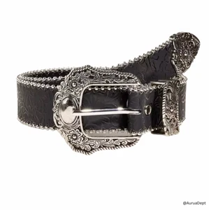 Vintage Western Cowboy Gürtel - verziertes Leder mit floral gravierter silberner Schnalle, - Bild 1 von 3