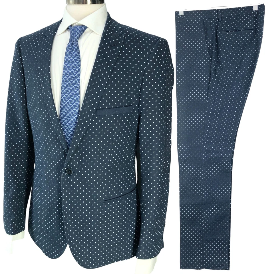 Traje Paisley y Gris Para Hombres 40R Calce Ajustado Azul Marino Blanco Lunares Mezcla de Lino Dos Piezas Foto 1 de 4
