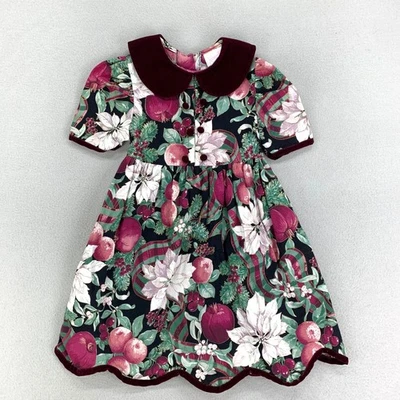 Vintage Christmas Dress Girls 6 Red Floral Velvet Collar Rose Cottage - Image 1 of 4