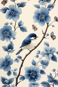 Arte en lienzo patrón floral azul con impresión de póster de pared de mariposas de pájaros - Imagen 1 de 22