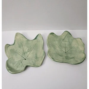 2 RetroRamics Handcrafted Boho Earthy Stoneware Impressed Green Leaf Plates - Picture 1 of 17