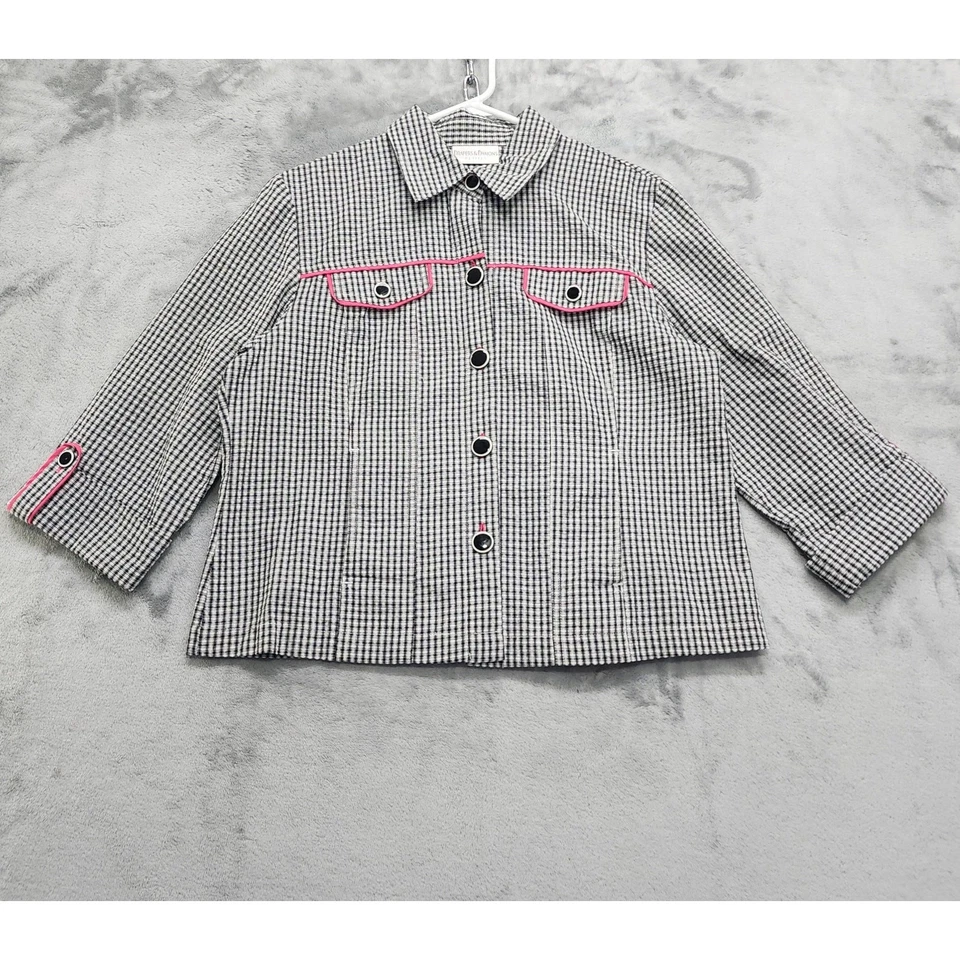 复古 90 年代 Draper's & Damon's 夹克女式 PL PETITE 黑色粉红色格子棉 — 第 1/4 张图片