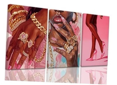 Arte de pared negro decoración enmarcada rosa mujer afroamericana 12"x16" niña 3 piezas Foto 1 de 4