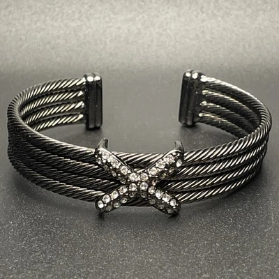 Gunmetal-Tone Four Cable Crystal Encrusted Cross Open Cuff Bracelet - Image 1 of 4