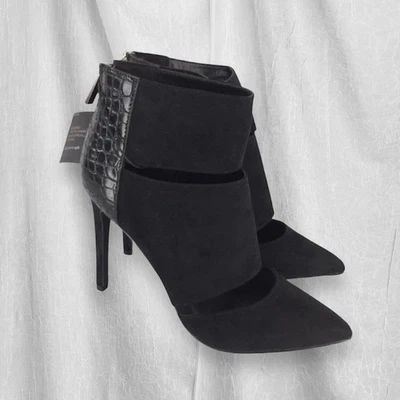 NUEVO CON ETIQUETAS Express Stiletto Botines Tacones Imitación Gamuza Cocodrilo Punta Punta Corte 6 Foto 1 de 4