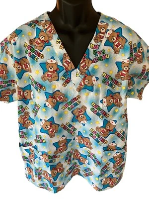 Friends of The Heart Scrubs Scrub Top Women's Large Nurses Care Teddy Bears - Image 1 of 4