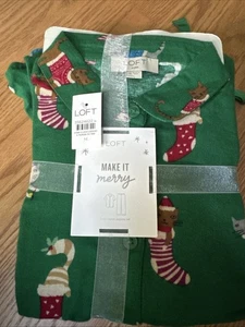 LOFT Christmas Pajamas Set Holiday Kittens In Stockings Women’s Size Medium NWT - Picture 1 of 5