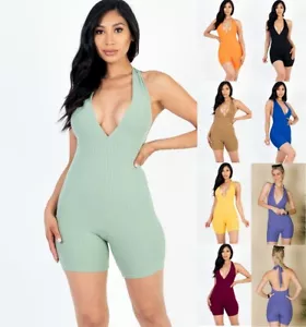 Women's Halter V Neck Ribbed Bodycon Romper Sleeveless Stretch Rib Knit Playsuit - Picture 1 of 21