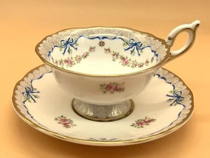Wedgwood China Harlequin Collection Ribbon and Roses footed tea cup & saucer duo - Picture 1 of 9