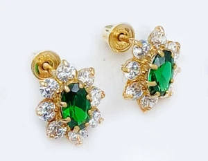 LAB CREATED EMERALD & WHITE SAPPHIRE STUD FLOWER EARRINGS 14K GOLD - Screw Back - Picture 1 of 6