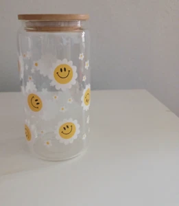 16oz Iced Coffee Cup, Happy Smile Glass with Bamboo Lid and Straw Cute Drinkware - Picture 1 of 1