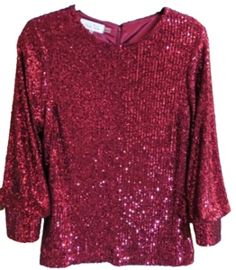 SLASHED Rickie Freeman Teri Jon Sz 12 Holiday Red Sequin Bishop Sleeve Top - Picture 1 of 12