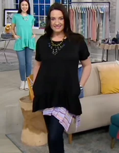 LOGO Lori Goldstein Große L Schwarz Baumwolle Modal Drop Waist Rüschen Strick Top Tunika - Bild 1 von 5