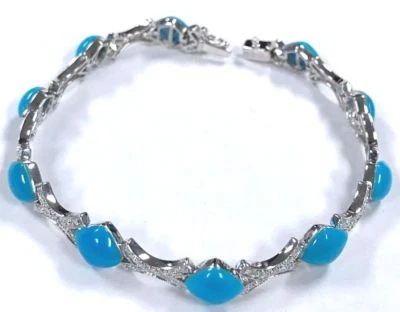 14 Karat White Gold 3/5 CT Diamond & Turquoise Gemstone Tennis Bracelet 7" B79 - Image 1 of 4