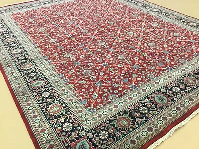 8'.0" X 9'.10" Red Navy Blue Fine Geometric Oriental Area Rug Hand Knotted Wool - Image 1 of 4