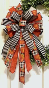 10 " PUMPKIN CHECK FARMHOUSE BOW WIRED RIBBON for DOOR WREATH SWAG # 58-B rb - Picture 1 of 5