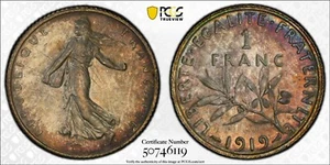 MS64 1919 France Silver 1 Franc, PCGS Trueview- Nicely Toned - Picture 1 of 6