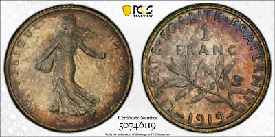 MS64 1919 France Silver 1 Franc, PCGS Trueview- Nicely Toned - Image 1 of 4