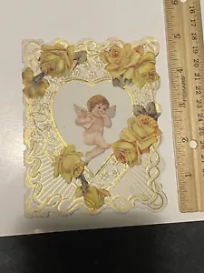 Vtg Valentine Card Yellow Roses Cupid Cherub - Picture 1 of 4