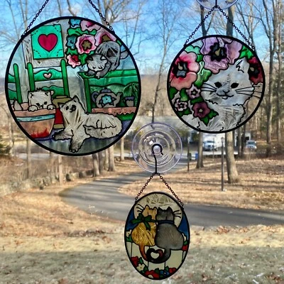 3 Joan Baker Kitty Cat Suncatchers 2 Rondas 1 Ovalado Colas de Gato Corazón Pintado a Mano Foto 1 de 4
