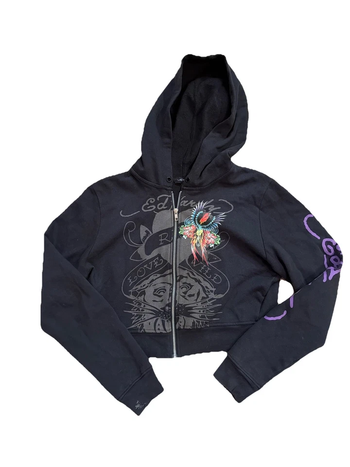 Sudadera con Capucha Recortada Ed Hardy De Colección Sudadera con Capucha Cremallera Completa Tatuaje Y2K XL Foto 1 de 4