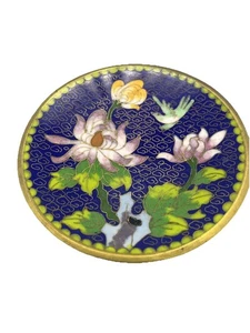 Vintage Cloisonne Small Hand Painted Chinese Brass Enameled Plate flower 4” Blue - Picture 1 of 6
