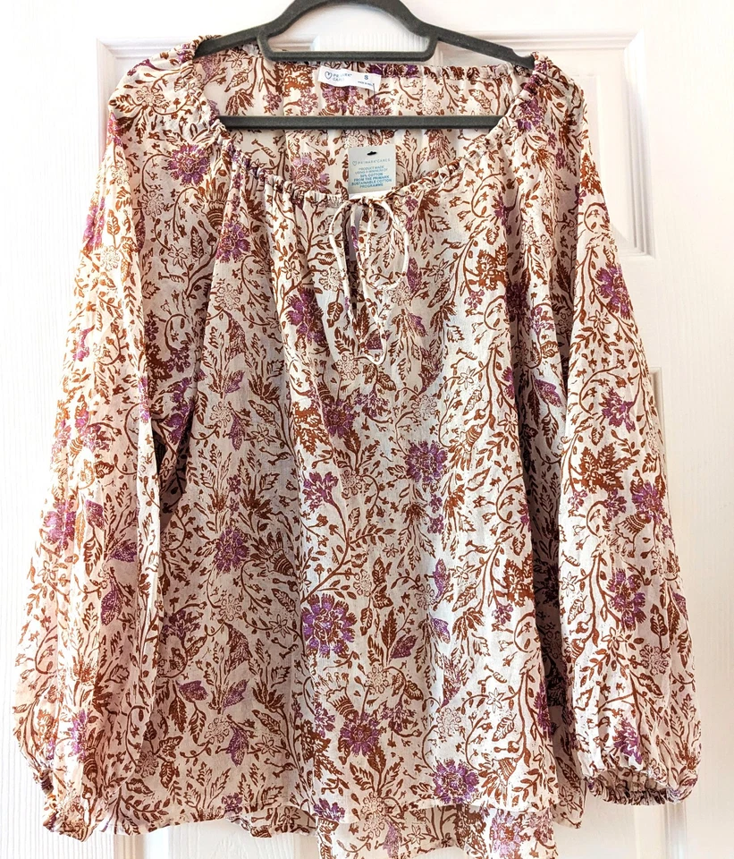 WOMENS SIZE S (18/20) CREAM/TERRACOTTA LONG SLEEVE COTTON TOP - BNWT - Image 1 of 1