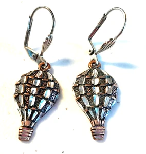 Artisan Made Copper & Silver Tone Hot Air Balloon Dangle/Drop 1.75" Earrings - Picture 1 of 5