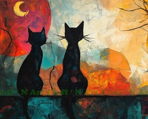 Zwei schwarze Katzen blicken auf eine Mondsichel AI Digitaldruck 8 x 10 Museumspapier C2 - Bild 1 von 5