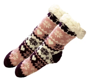 Womens Thick Knit Sherpa Fleece Slipper Socks Soft Pink Bases Heart Snowfla 9-11 - Picture 1 of 3