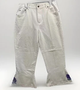 Pantalones de mezclilla Bill Blass para mujer talla 14 (34x27) calce fácil blanco acampanado pierna flor boho - Imagen 1 de 14
