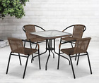 5Pcs Outdoor Dining Set: 28'' Glass Table W/ Braided Edges 4 Stack Chairs, Brown