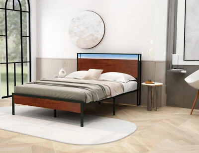 Marco de cama tamaño queen con cabecero/pie de cama, soporte de listones de acero, caoba Foto 1 de 4