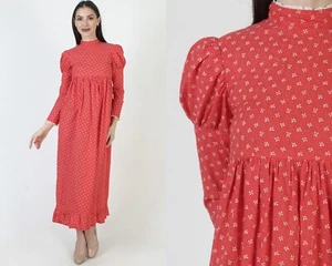 Vintage Red Floral Prairie Dress High Neck Old Fashion Hippie Boho Wedding Maxi - Picture 1 of 7