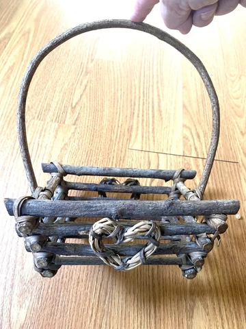 Vintage Rustic Twig Basket Woven with Heart Adirondack Style Cover