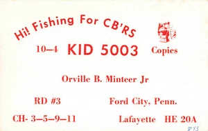 Tarjeta QSL de radio CB vintage KID 5003 Ford City Pennsylvania EE. UU. - Imagen 1 de 1