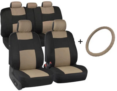Cubierta de volante de cuero de microfibra + fundas de asiento de coche (juego completo) beige tostado Foto 1 de 4